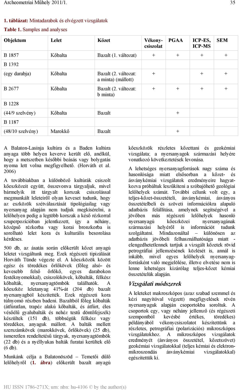 változat: b minta) B 1228 (44/9 szelvény) Kőbalta Bazalt + B 1187 (48/10 szelvény) Marokkő Bazalt + SEM + + + + + + + A Balaton-Lasinja kultúra és a Baden kultúra anyaga több helyen keverve került