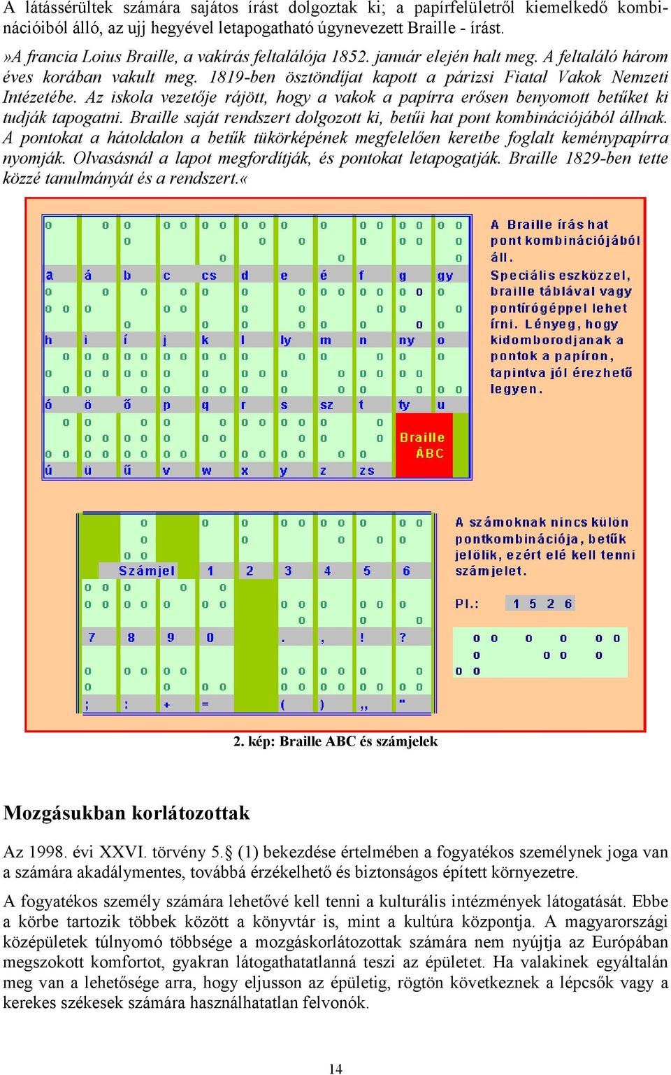 Az iskola vezetője rájött, hogy a vakok a papírra erősen benyomott betűket ki tudják tapogatni. Braille saját rendszert dolgozott ki, betűi hat pont kombinációjából állnak.