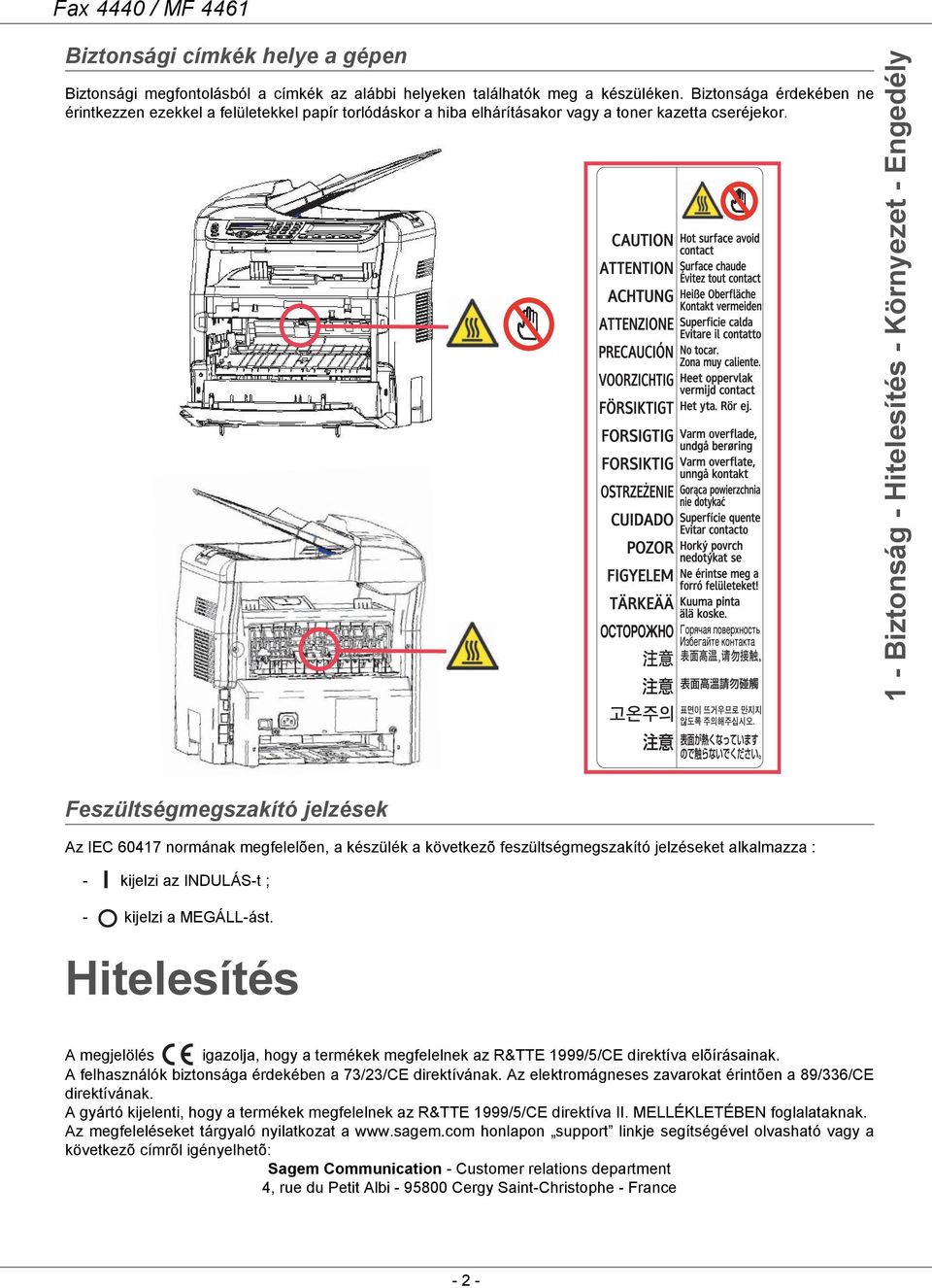 1 - Biztonság - Hitelesítés - Környezet - Engedély Feszültségmegszakító jelzések Az IEC 60417 normának megfelelõen, a készülék a következõ feszültségmegszakító jelzéseket alkalmazza : - kijelzi az