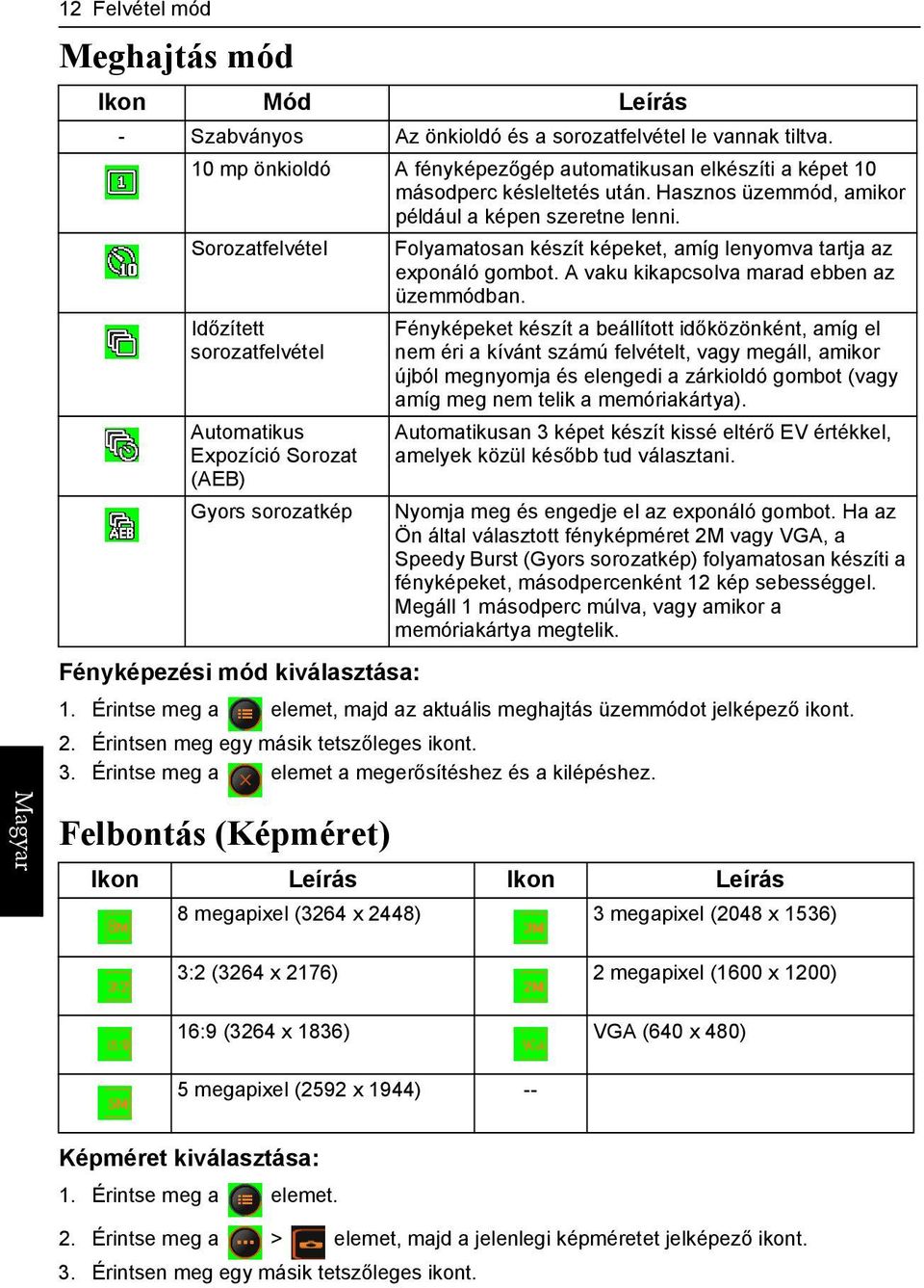 Sorozatfelvétel Folyamatosan készít képeket, amíg lenyomva tartja az exponáló gombot. A vaku kikapcsolva marad ebben az üzemmódban.