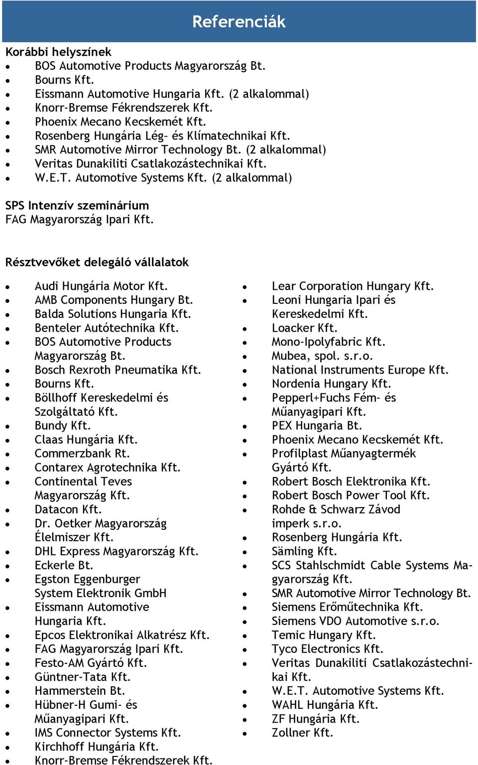 (2 alkalommal) SPS Intenzív szeminárium FAG Magyarország Ipari Kft. Résztvevőket delegáló vállalatok Audi Hungária Motor Kft. AMB Components Hungary Bt. Balda Solutions Hungaria Kft.