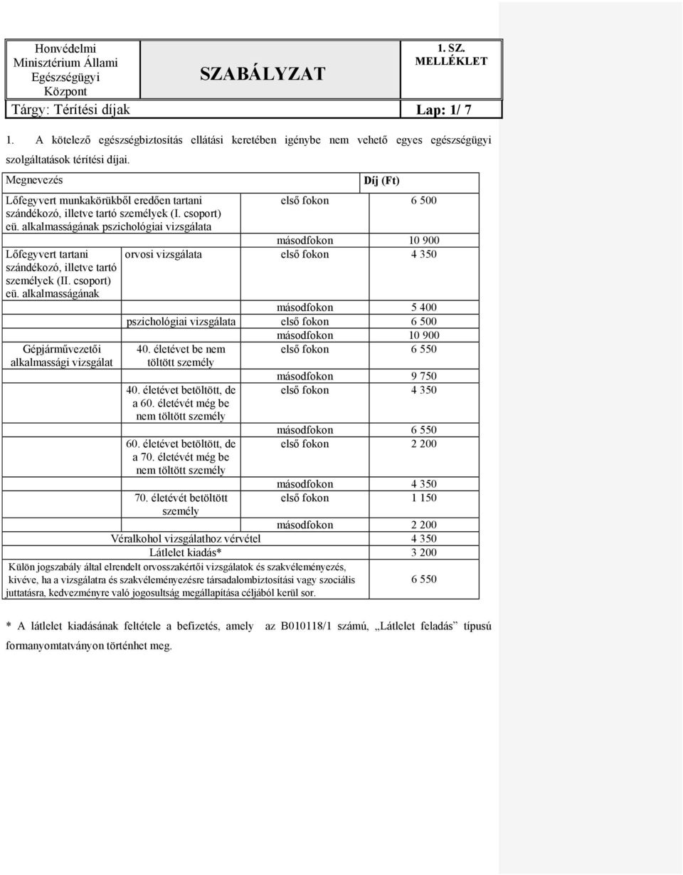 alkalmasságának pszichlógiai vizsgálata Lőfegyvert tartani szándékzó, illetve tartó személyek (II. csprt) eü.