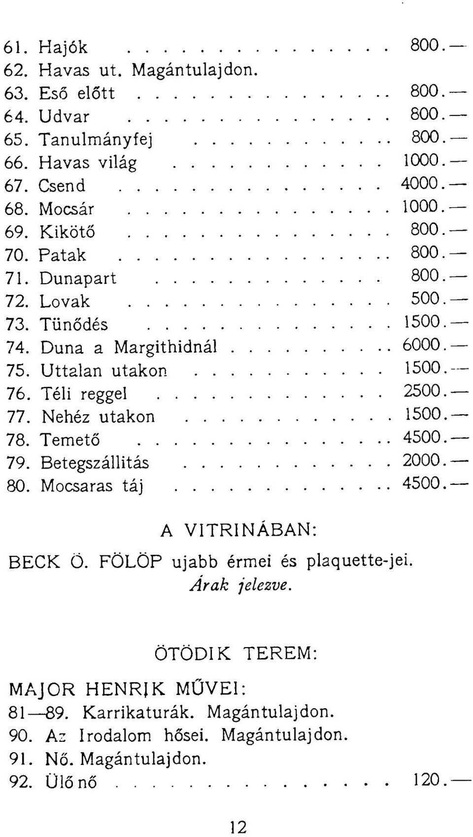 Nehéz utakon 1500 78. Temető 4500 79. Betegszállítás 2000 80. Mocsaras táj 4500 A VITRINÁBAN: BECK Ö. FÖLÖP ujabb érmei és plaquette-jei. Árak jelezve.