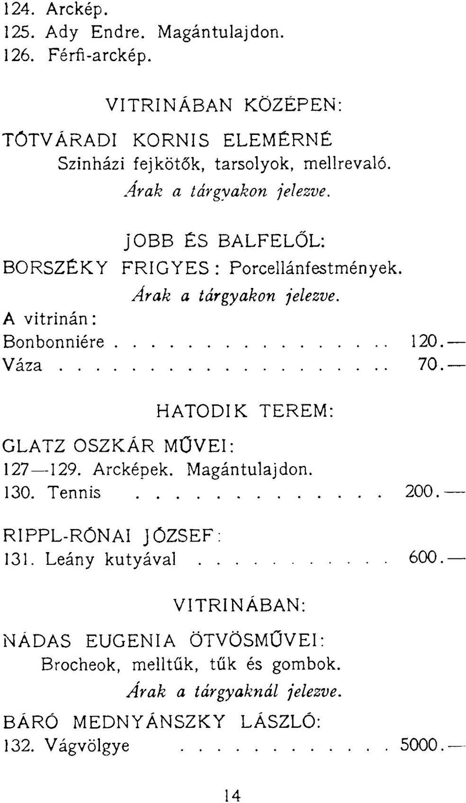 BORSZÉKY JOBB ÉS BALFELŐL: FRIGYES : Porcellánfestmények. Árak a tárgyakon jelezve. A vitrinán: Bonbonniére 120. Váza 70.