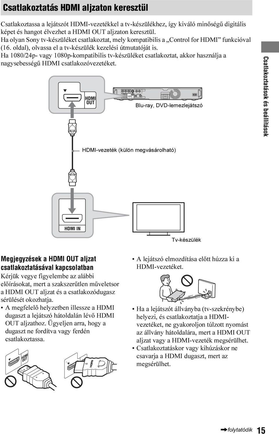 Ha 1080/24p- vagy 1080p-kompatiilis tv-készüléket csatlakoztat, akkor használja a nagyseességű HDMI csatlakozóvezetéket.