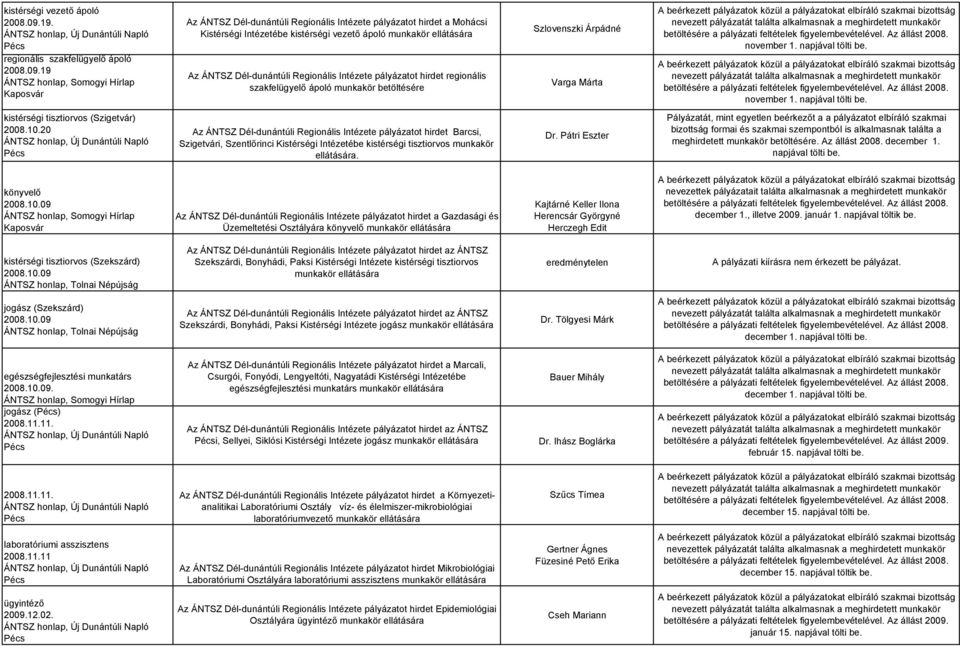 19 Kaposvár Az ÁNTSZ Dél-dunántúli Regionális Intézete pályázatot hirdet a Mohácsi Kistérségi Intézetébe kistérségi vezető ápoló munkakör ellátására Az ÁNTSZ Dél-dunántúli Regionális Intézete