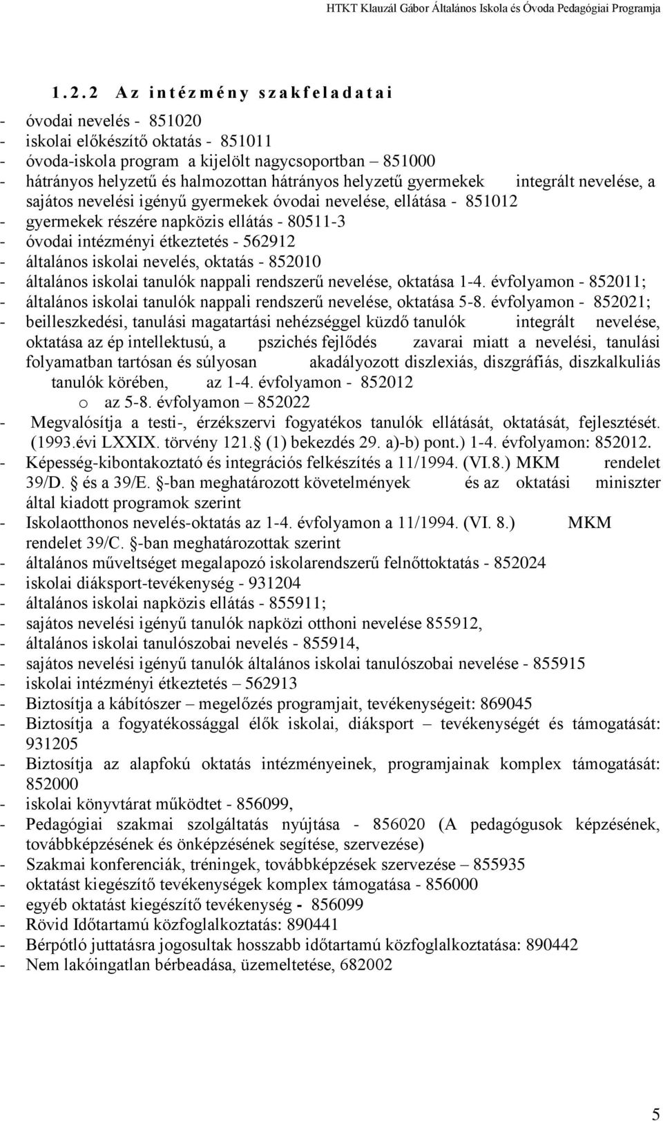 étkeztetés - 562912 - általános iskolai nevelés, oktatás - 852010 - általános iskolai tanulók nappali rendszerű nevelése, oktatása 1-4.