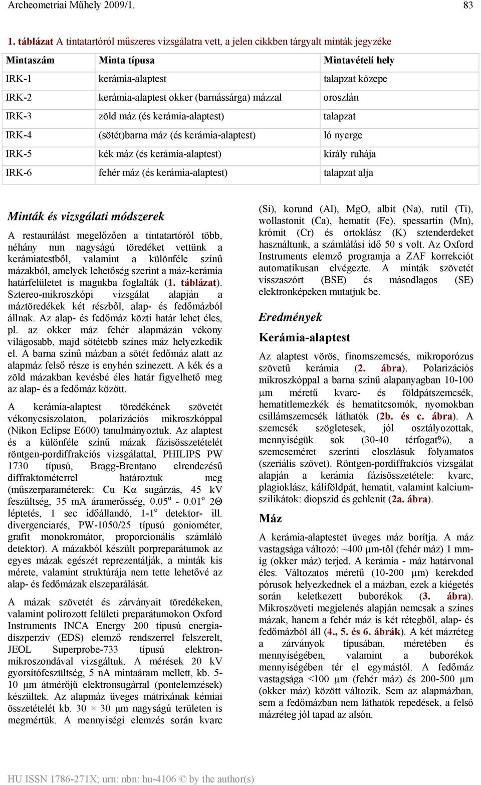 ruhája IRK-6 fehér máz (és kerámia-alaptest) talapzat alja Minták és vizsgálati módszerek A restaurálást megelőzően a tintatartóról több, néhány mm nagyságú töredéket vettünk a kerámiatestből,