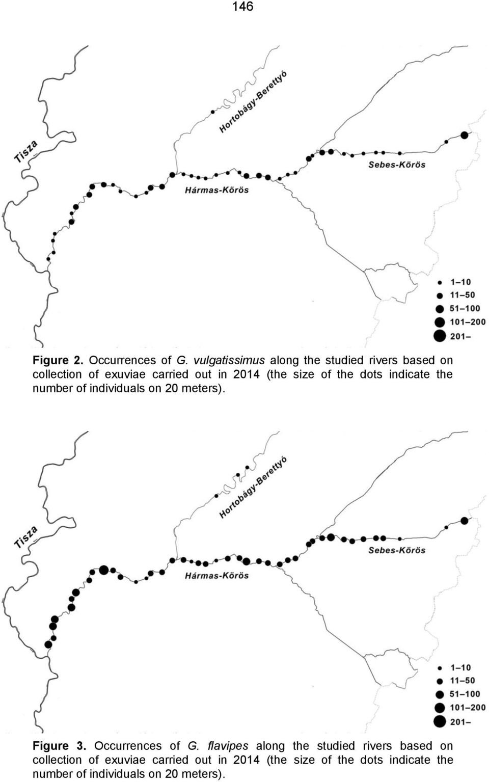 size of the dots indicate the number of individuals on 20 meters). Figure 3. Occurrences of G.