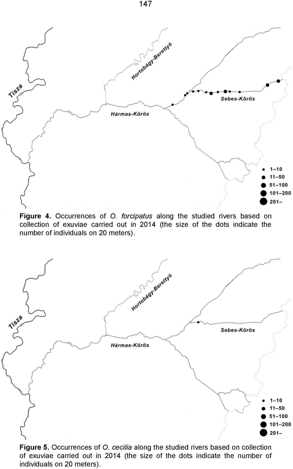 size of the dots indicate the number of individuals on 20 meters). Figure 5. Occurrences of O.