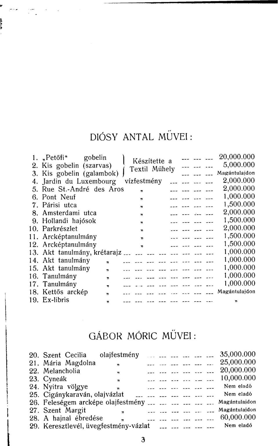 Arcképtanulmány 1,500.000 12. Arcképtanulmány 1,500.000 13. Akt tanulmány, krétarajz..................... _ 1,000.000 14. Akt tanulmány 1,000.000 15. Akt tanulmány 1,000.000 16. Tanulmány 1,000.