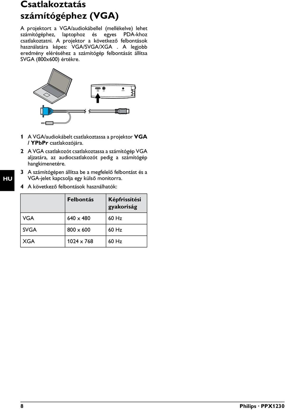 Laptop VGA P2 1 A VGA/audiokábelt csatlakoztassa a projektor VGA / YPbPr csatlakozójára.