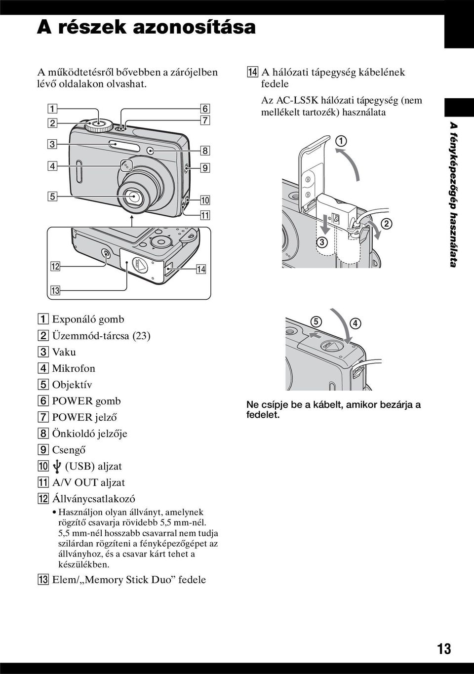 Exponáló gomb B Üzemmód-tárcsa (23) C Vaku D Mikrofon E Objektív F POWER gomb G POWER jelző H Önkioldó jelzője I Csengő J (USB) aljzat K A/V OUT aljzat L Állványcsatlakozó