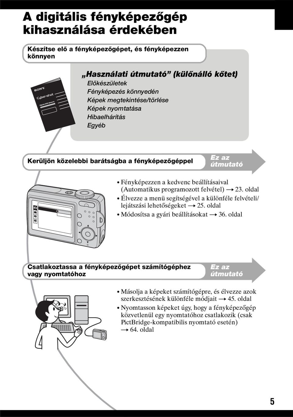 felvétel) t 23. oldal Élvezze a menü segítségével a különféle felvételi/ lejátszási lehetőségeket t 25. oldal Módosítsa a gyári beállításokat t 36.