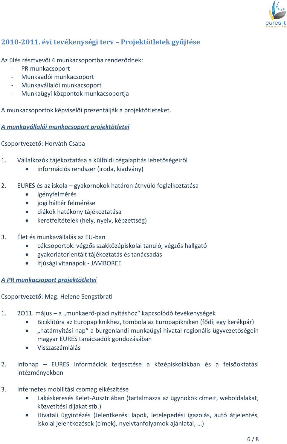 munkacsoportja A munkacsoportok képviselői prezentálják a projektötleteket. A munkavállalói munkacsoport projektötletei Csoportvezető: Horváth Csaba 1.