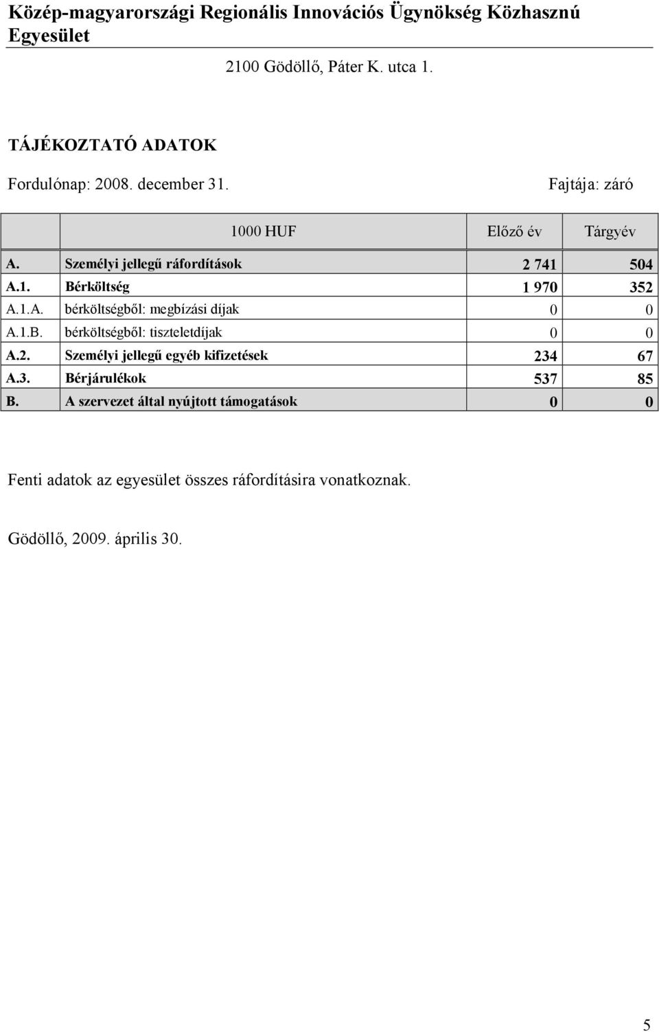 2. Személyi jellegű egyéb kifizetések 234 67 A.3. Bérjárulékok 537 85 B.