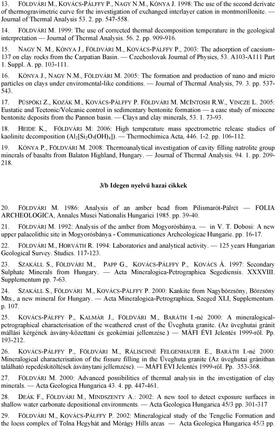 15. NAGY N. M., KÓNYA J., FÖLDVÁRI M., KOVÁCS-PÁLFFY P., 2003: The adsorption of caesium- 137 on clay rocks from the Carpatian Basin. Czechoslovak Journal of Physics, 53. A103-A111 Part 1. Suppl. A. pp.