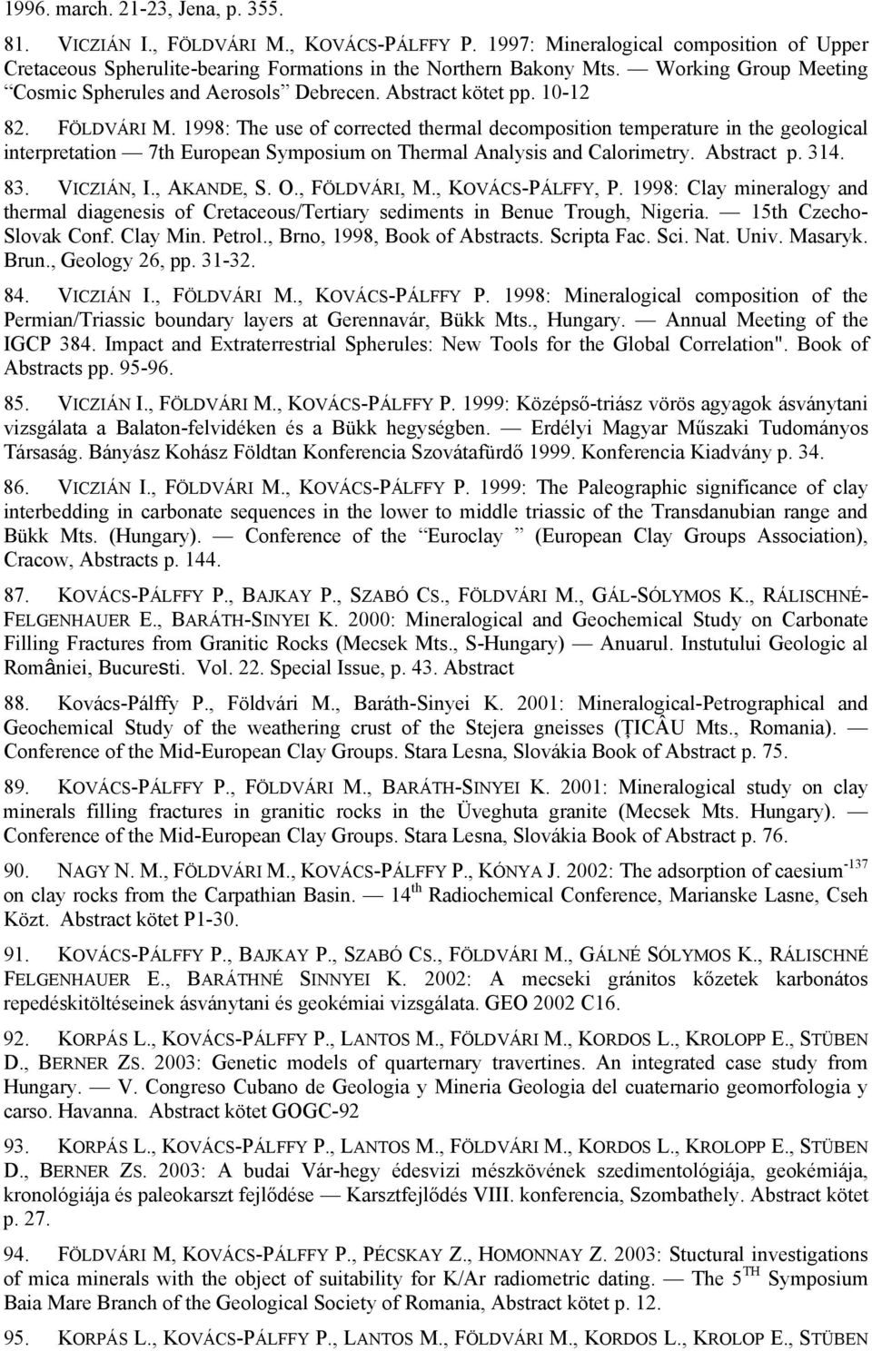 1998: The use of corrected thermal decomposition temperature in the geological interpretation 7th European Symposium on Thermal Analysis and Calorimetry. Abstract p. 314. 83. VICZIÁN, I., AKANDE, S.