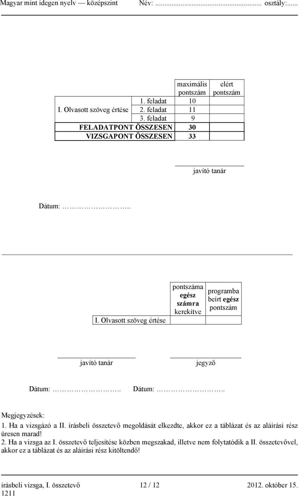 Olvasott szöveg értése pontszáma egész számra kerekítve programba beírt egész pontszám javító tanár jegyző Dátum:.. Dátum:.. Megjegyzések: 1. Ha a vizsgázó a II.