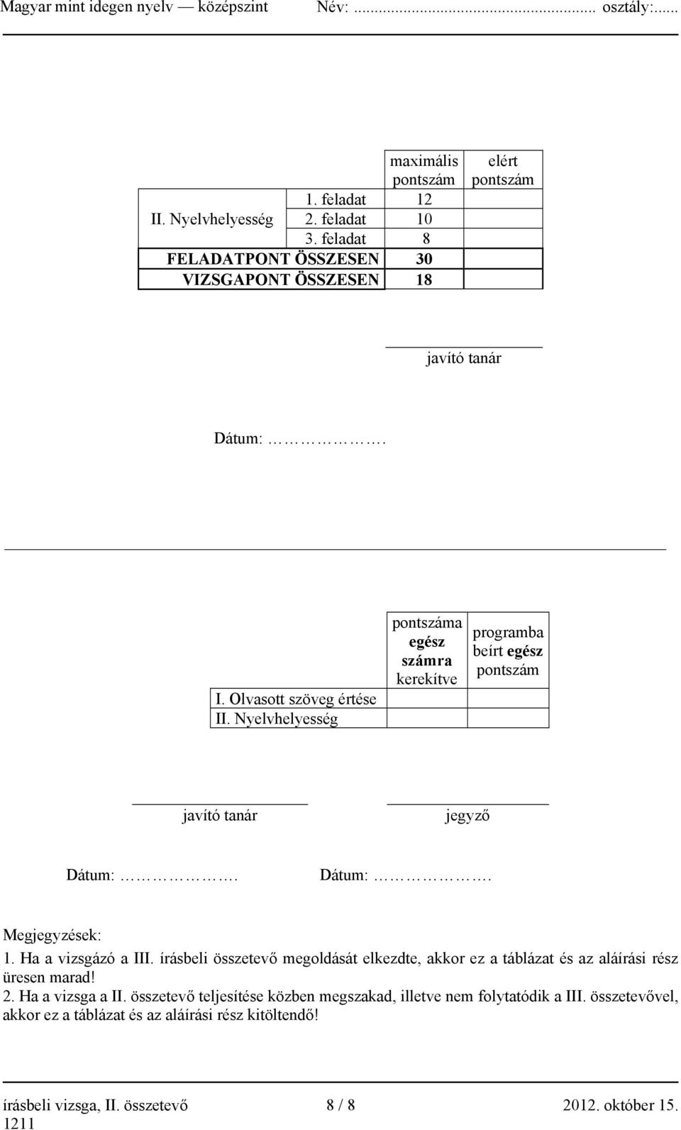 Ha a vizsgázó a III. írásbeli összetevő megoldását elkezdte, akkor ez a táblázat és az aláírási rész üresen marad! 2. Ha a vizsga a II.