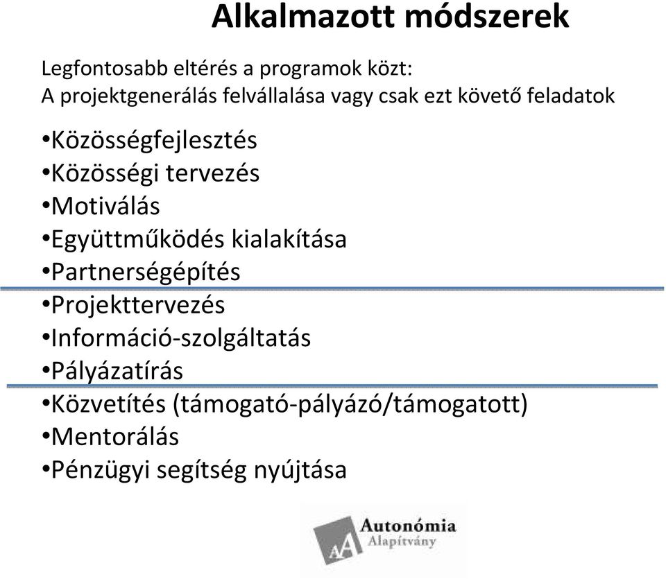 Motiválás Együttműködés kialakítása Partnerségépítés Projekttervezés