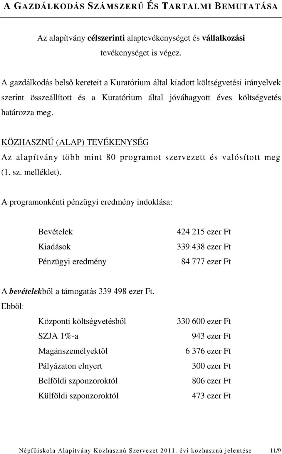 KÖZHASZNÚ (ALAP) TEVÉKENYSÉG Az alapítvány több mint 80 programot szervezett és valósított meg (1. sz. melléklet).