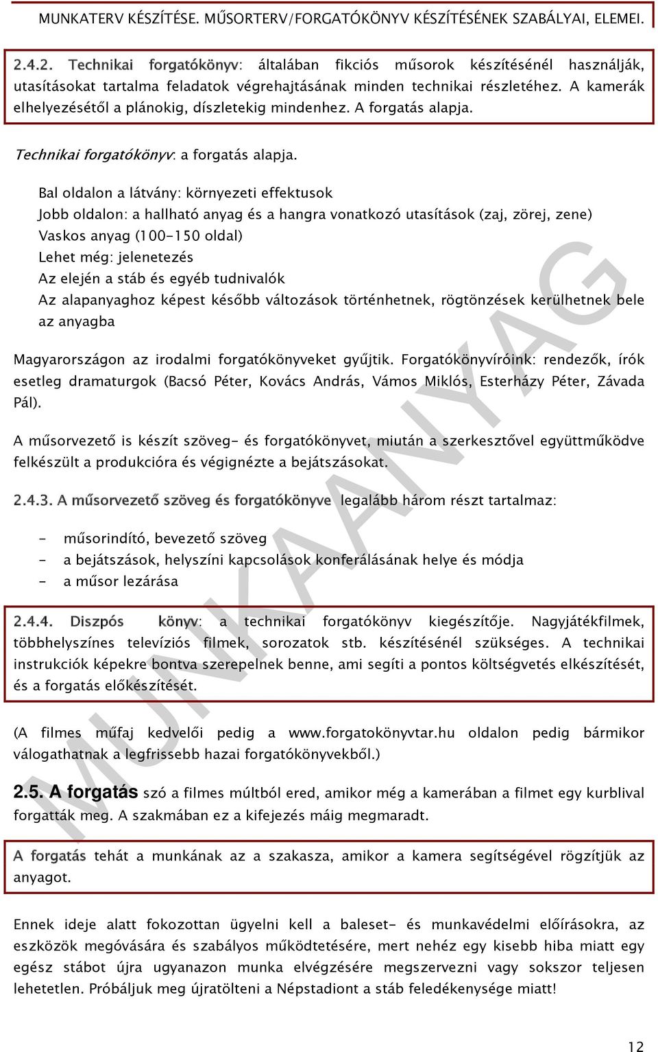 Bal oldalon a látvány: környezeti effektusok Jobb oldalon: a hallható anyag és a hangra vonatkozó utasítások (zaj, zörej, zene) Vaskos anyag (100-150 oldal) Lehet még: jelenetezés Az elején a stáb és