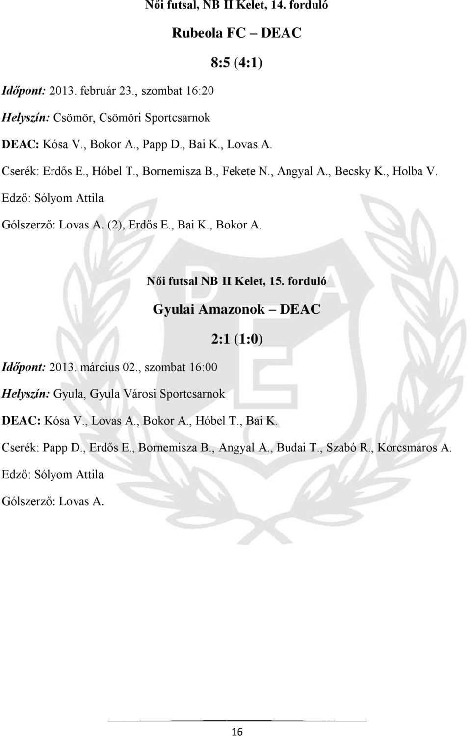 , Bai K., Bokor A. Női futsal NB II Kelet, 15. forduló Gyulai Amazonok DEAC 2:1 (1:0) Időpont: 2013. március 02.