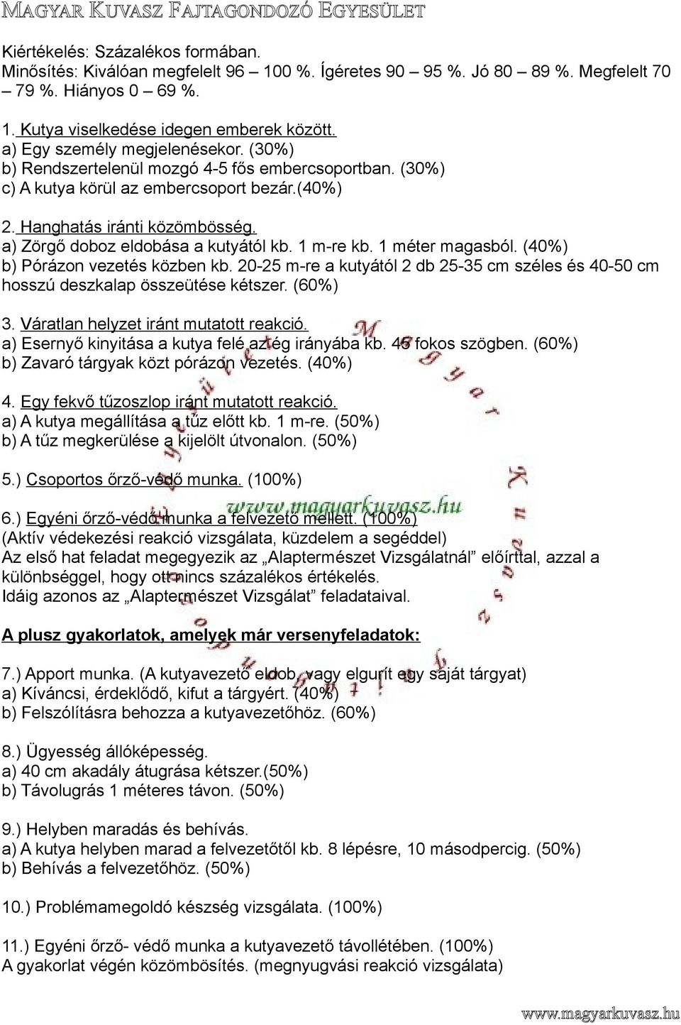 a) Zörgő doboz eldobása a kutyától kb. 1 m-re kb. 1 méter magasból. (40%) b) Pórázon vezetés közben kb. 20-25 m-re a kutyától 2 db 25-35 cm széles és 40-50 cm hosszú deszkalap összeütése kétszer.