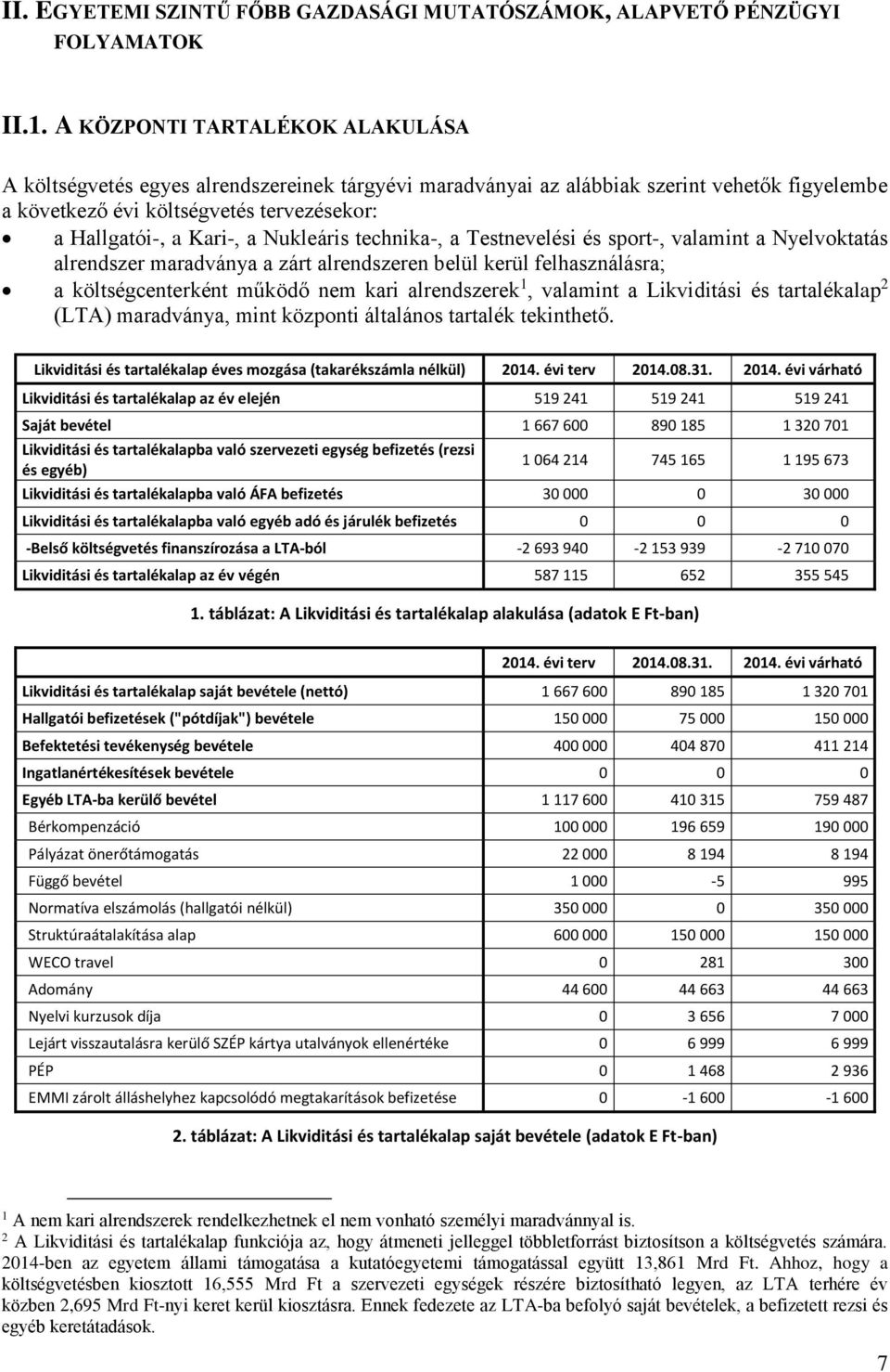 Nukleáris technika-, a Testnevelési és sport-, valamint a Nyelvoktatás alrendszer maradványa a zárt alrendszeren belül kerül felhasználásra; a költségcenterként működő nem kari alrendszerek 1,