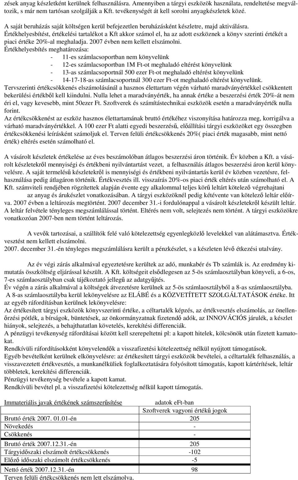 Értékhelyesbítést, értékelési tartalékot a Kft akkor számol el, ha az adott eszköznek a könyv szerinti értékét a piaci értéke 20%-al meghaladja. 2007 évben nem kellett elszámolni.