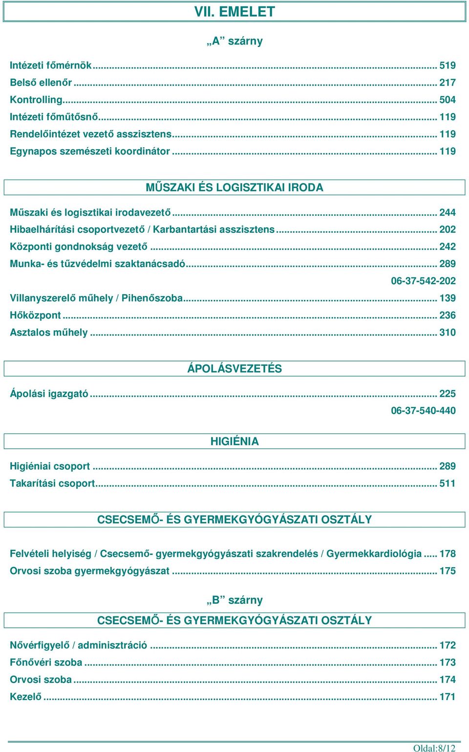 .. 242 Munka- és tűzvédelmi szaktanácsadó... 289 06-37-542-202 Villanyszerelő műhely / Pihenőszoba... 139 Hőközpont... 236 Asztalos műhely... 310 ÁPOLÁSVEZETÉS Ápolási igazgató.