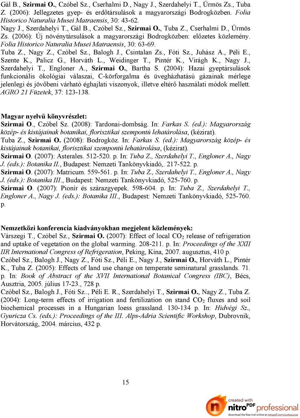 (2006): Új növénytársulások a magyarországi Bodrogközben: előzetes közlemény. Folia Historico Naturalia Musei Matraensis, 30: 63-69. Tuba Z., Nagy Z., Czóbel Sz., Balogh J., Csintalan Zs., Fóti Sz.