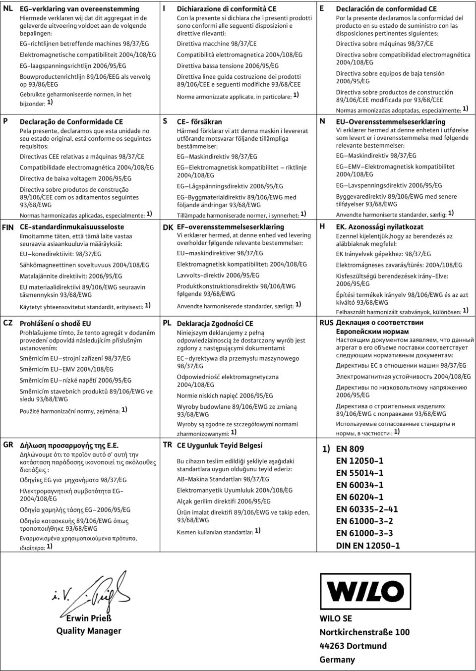 Declaração de Conformidade CE Pela presente, declaramos que esta unidade no seu estado original, está conforme os seguintes requisitos: Directivas CEE relativas a máquinas 98/37/CE Compatibilidade