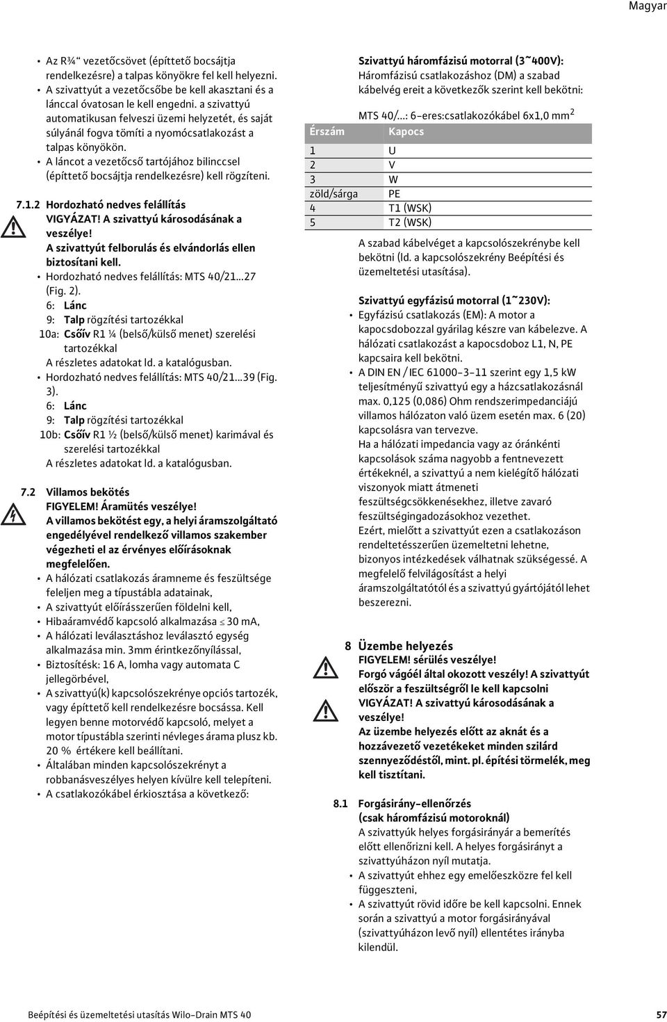 A láncot a vezetőcső tartójához bilinccsel (építtető bocsájtja rendelkezésre) kell rögzíteni. 7.1.2 Hordozható nedves felállítás VIGYÁZAT! A szivattyú károsodásának a veszélye!