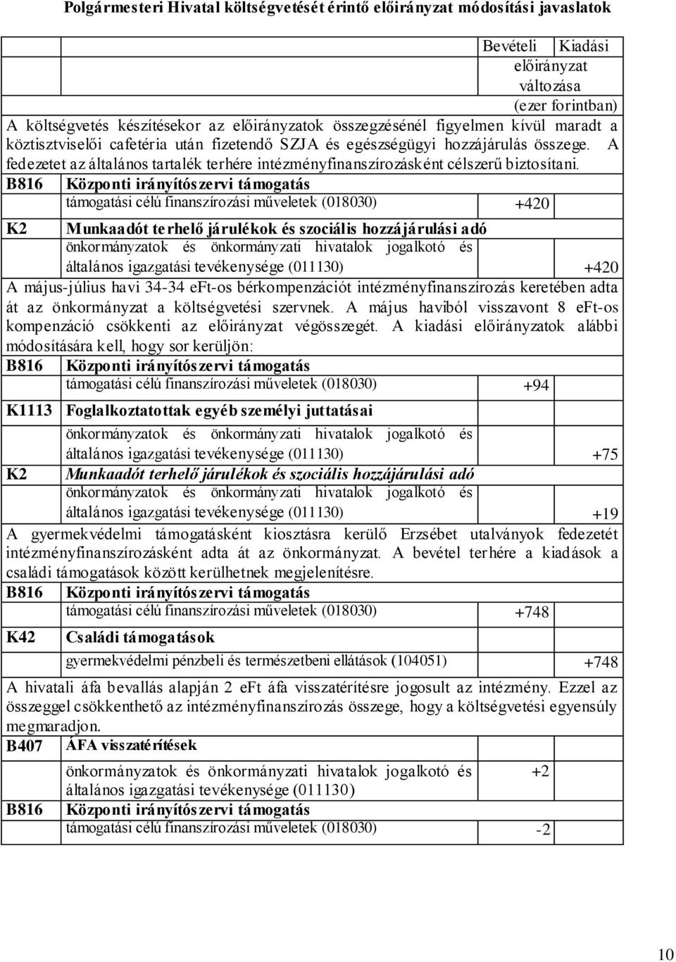 B816 Központi irányítószervi támogatás támogatási célú finanszírozási műveletek (018030) +420 K2 Munkaadót terhelő járulékok és szociális hozzájárulási adó +420 A május-július havi 34-34 eft-os