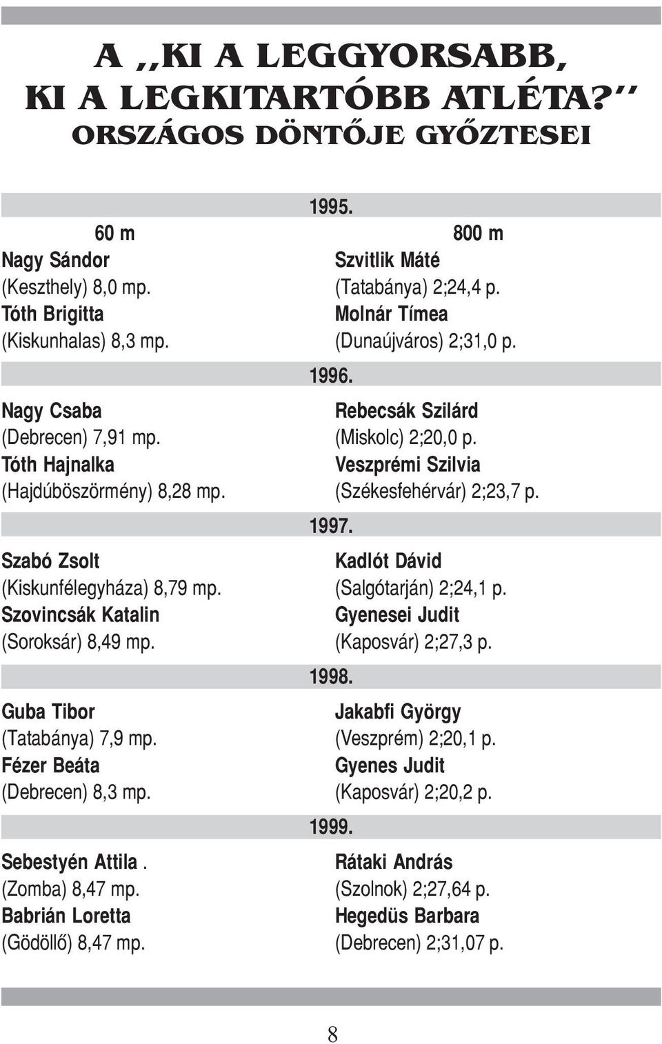 Tóth Hajnalka Veszprémi Szilvia (Hajdúböszörmény) 8,28 mp. (Székesfehérvár) 2;23,7 p. 1997. Szabó Zsolt Kadlót Dávid (Kiskunfélegyháza) 8,79 mp. (Salgótarján) 2;24,1 p.