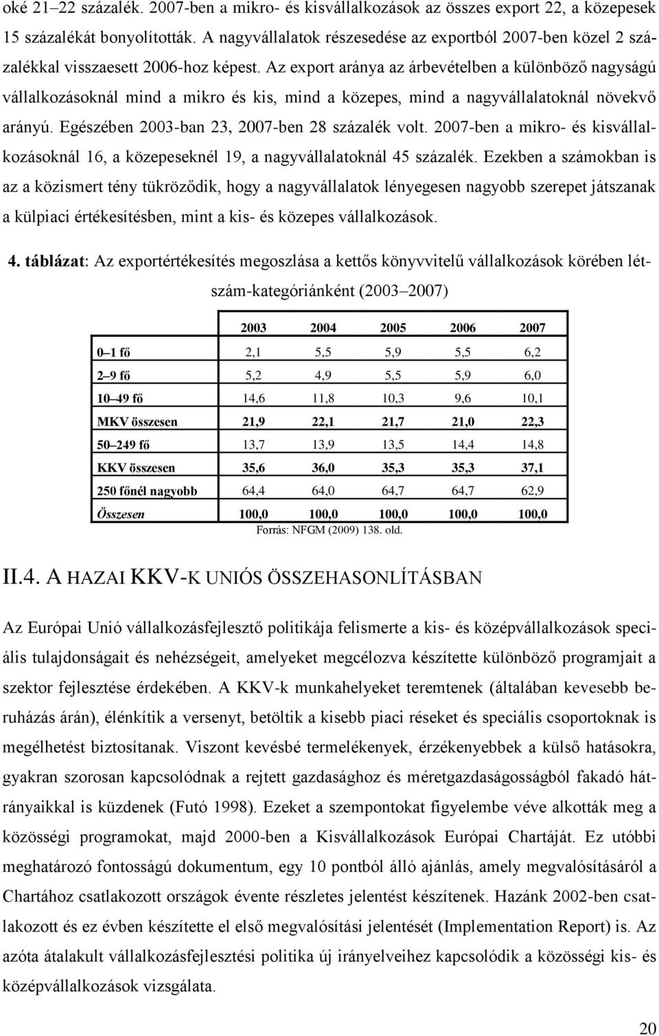 Az export aránya az árbevételben a különböző nagyságú vállalkozásoknál mind a mikro és kis, mind a közepes, mind a nagyvállalatoknál növekvő arányú. Egészében 2003-ban 23, 2007-ben 28 százalék volt.