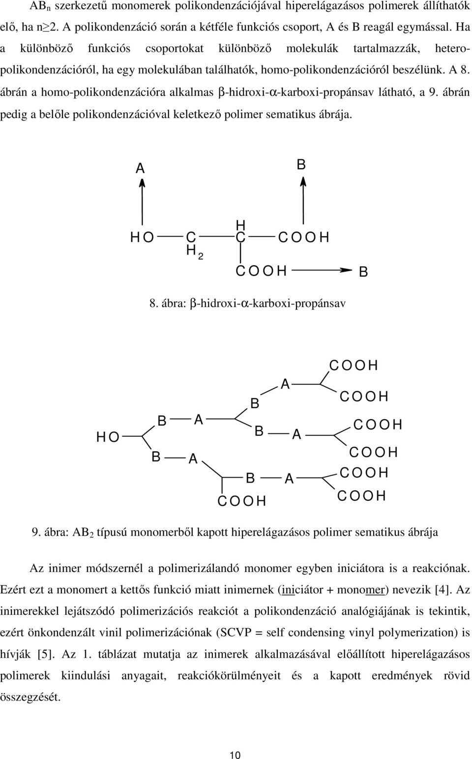 ábrán a homo-polikondenzációra alkalmas β-hidroxi-α-karboxi-propánsav látható, a 9. ábrán pedig a belıle polikondenzációval keletkezı polimer sematikus ábrája. A B H H 2 H H H B 8.