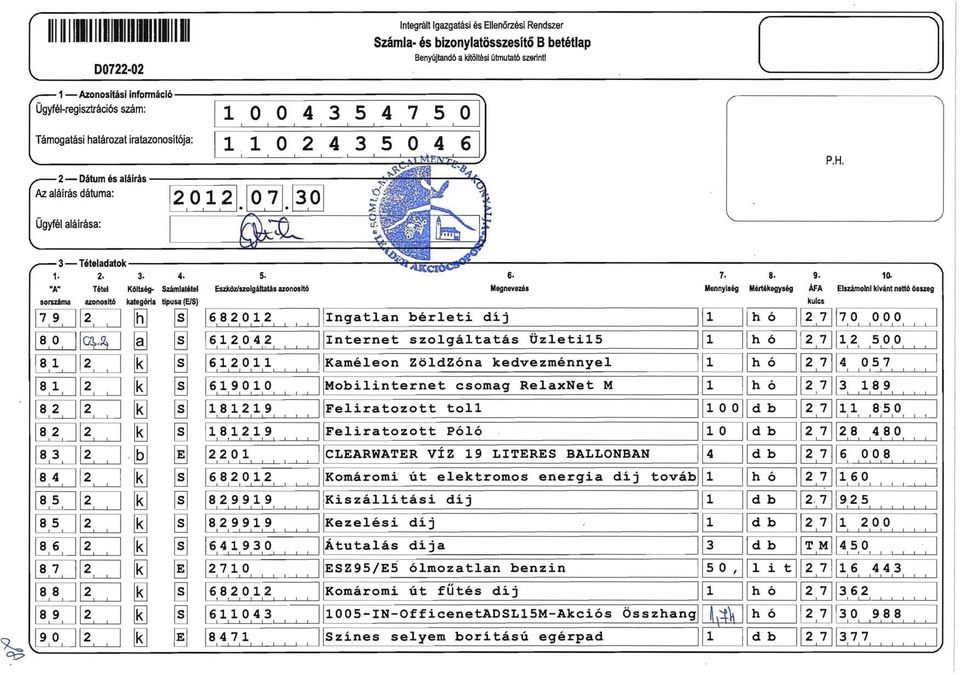 "A" Tétel Költség- Számlatétel Eszköz/szolgáltatás azonositó Megnevezés Mennyiség Mértékegység ÁfA ElszámoJn kivánt nettó összeg soll5áma azonositó kategória típusa (E/S) kulcs 7 2 1 9 11 ------- 1