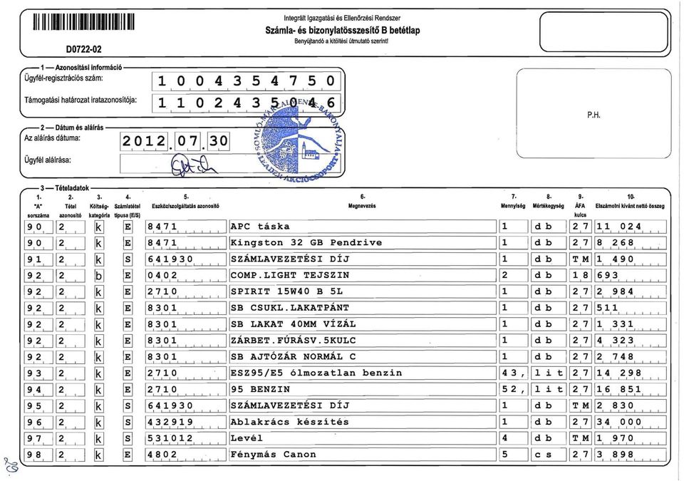 j'ti Ügyfél alárása: [_ 3- Tételadatok 1. 2. 3. 4. 5. 6. 7. 8. 9. 10.