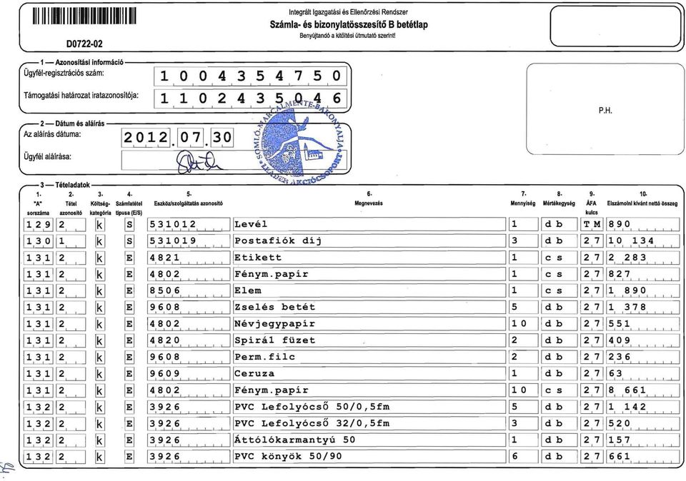 10. "A" Tétel Költség.