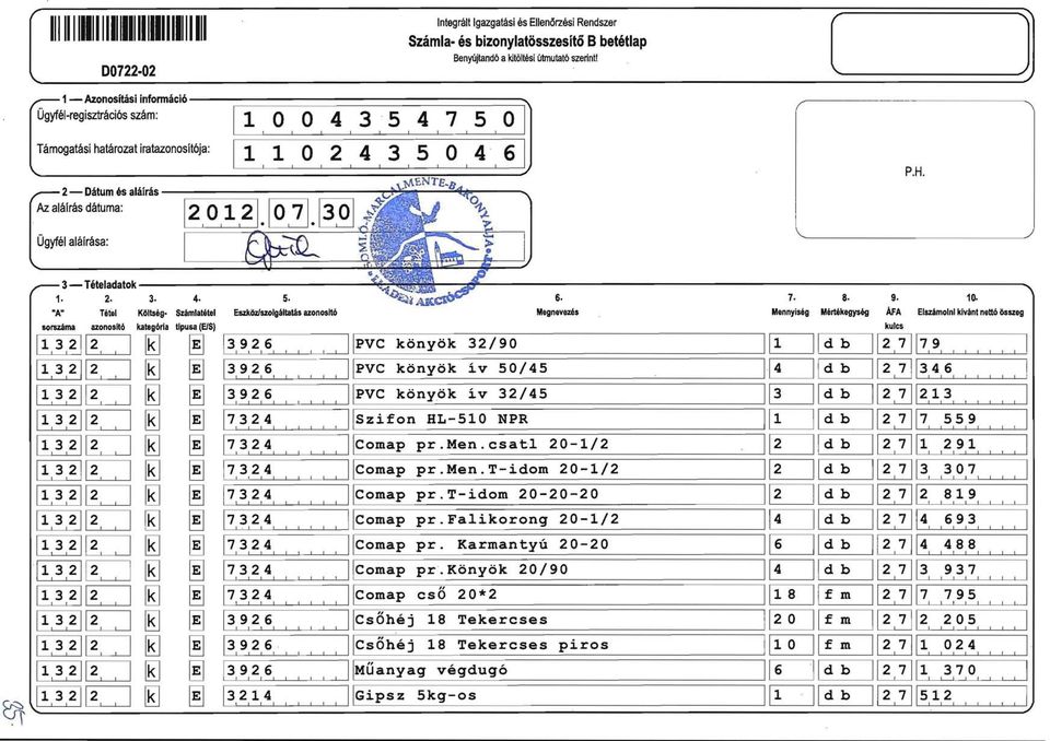 2. 3. 4. "A" TélÍll Költség- Számlatétel 5. Eszköz/szolgáltatás azonosltó 6. 7. 8. 9. 10.