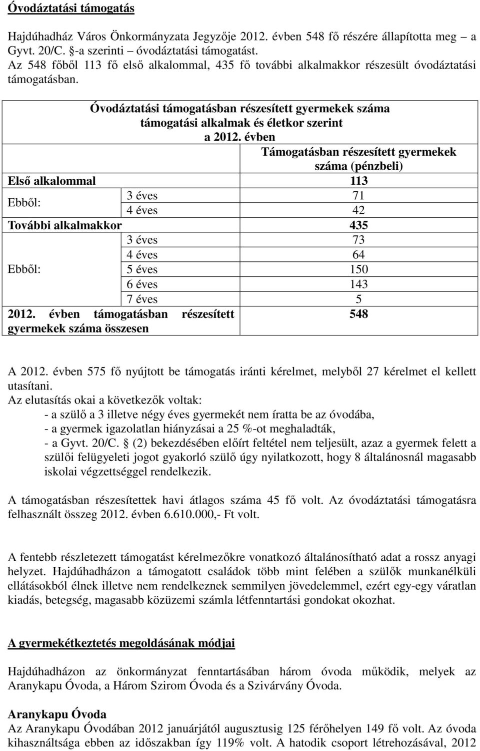 Óvodáztatási támogatásban részesített gyermekek száma támogatási alkalmak és életkor szerint a 2012.