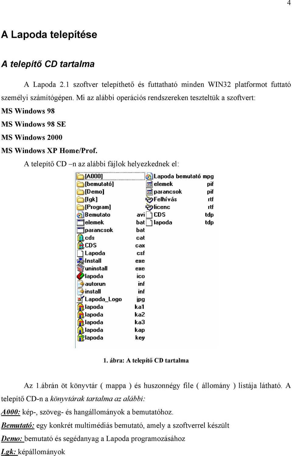 A telepítő CD n az alábbi fájlok helyezkednek el: 1. ábra: A telepítő CD tartalma Az 1.ábrán öt könyvtár ( mappa ) és huszonnégy file ( állomány ) listája látható.