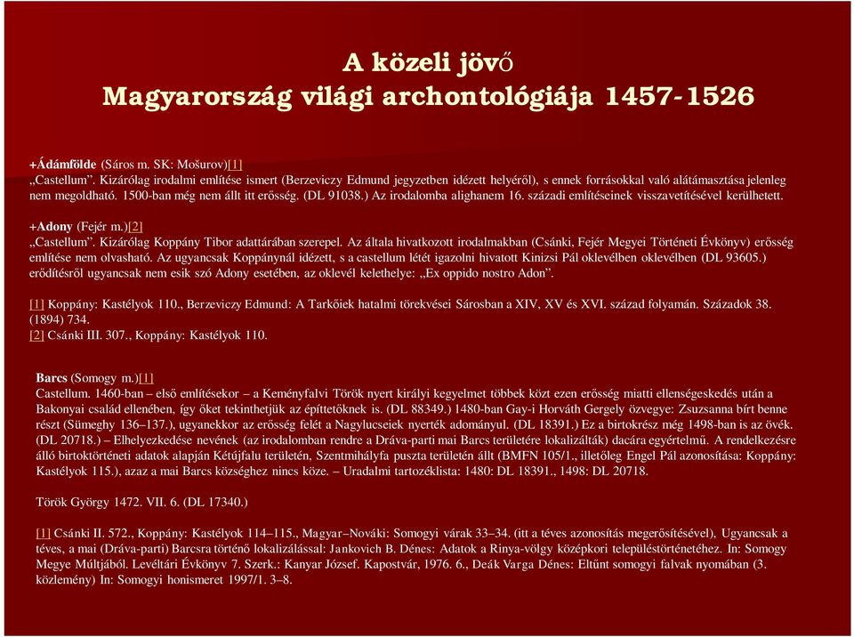 ) Az irodalomba alighanem 16. századi említéseinek visszavetítésével kerülhetett. +Adony (Fejér m.)[2] Castellum. Kizárólag Koppány Tibor adattárában szerepel.