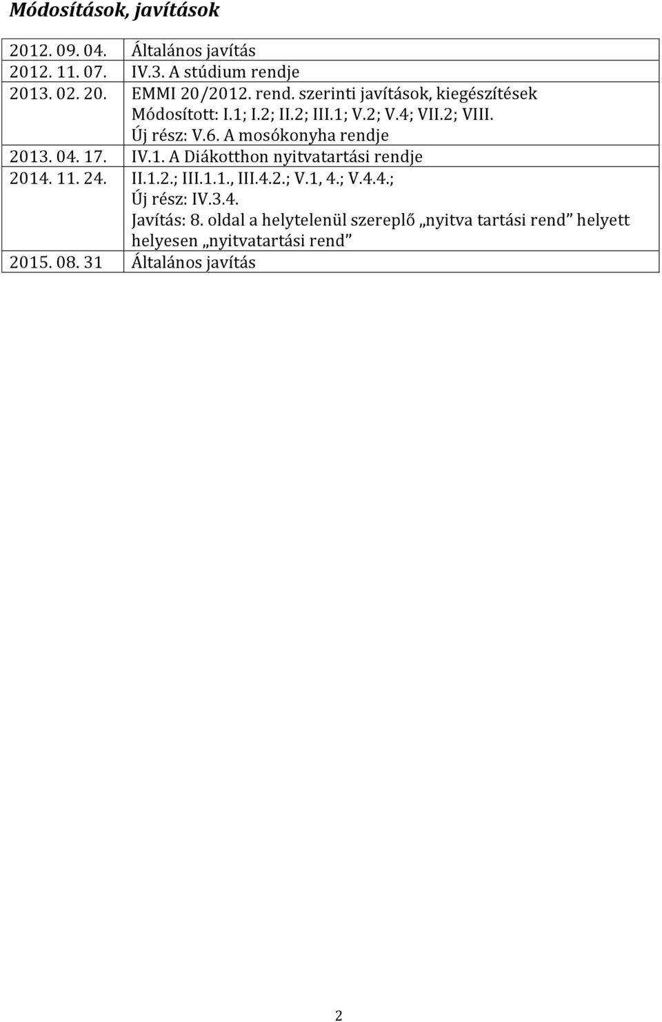 Új rész: V.6. A mosókonyha rendje 2013. 04. 17. IV.1. A Diákotthon nyitvatartási rendje 2014. 11. 24. II.1.2.; III.1.1., III.4.2.; V.