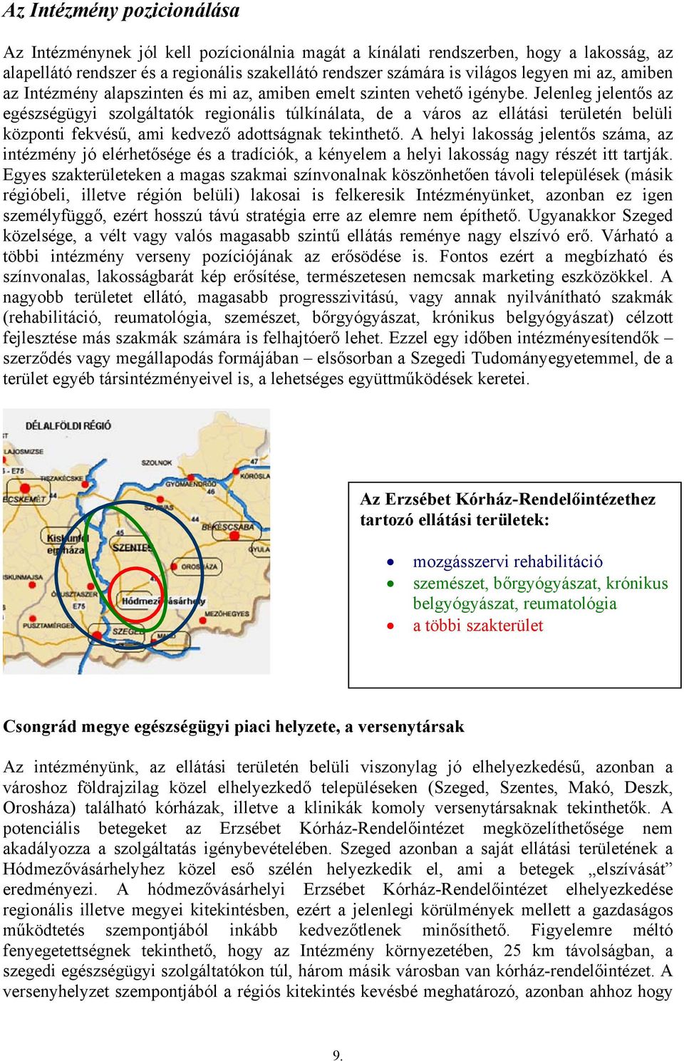 Jelenleg jelentős az egészségügyi szolgáltatók regionális túlkínálata, de a város az ellátási területén belüli központi fekvésű, ami kedvező adottságnak tekinthető.