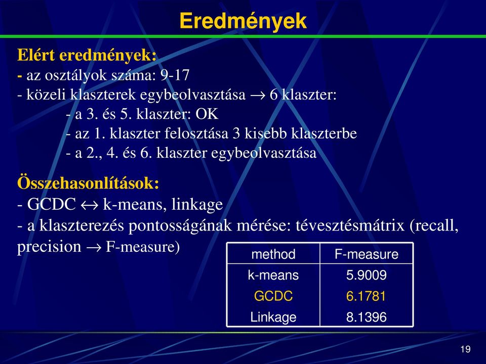 klaszteregybeolvasztása Összehasonlítások: GCDC k means,linkage