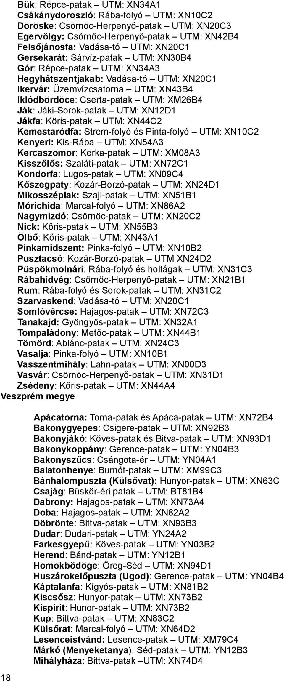 Jáki-Sorok-patak UTM: XN12D1 Jákfa: Köris-patak UTM: XN44C2 Kemestaródfa: Strem-folyó és Pinta-folyó UTM: XN10C2 Kenyeri: Kis-Rába UTM: XN54A3 Kercaszomor: Kerka-patak UTM: XM08A3 Kisszőlős: